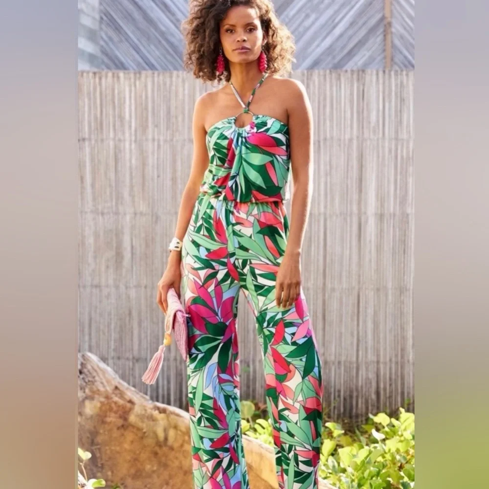 Boston Proper Tropical Palm Print Dela Halter Ring Jumpsuit‎ Sz S